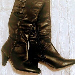 Black Leather Easy Street Heel Boots Decorative Buckle